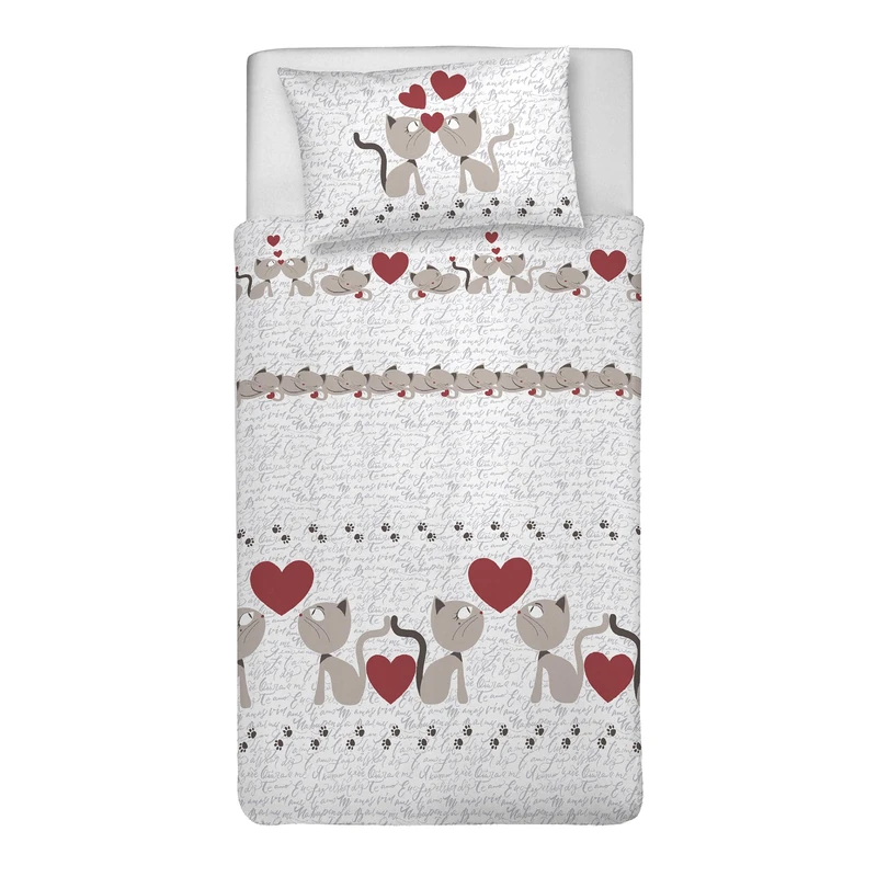 PENSIERI DELICATI Single Duvet Cover Set, 100% Cotton, Complete with 155 x 200 cm Bag and 1 Pillowcase 52 x 82 cm, Made in Italy, Duvet Cover Machine Washable At 40 Degrees, Beige Cats Design - Image 1