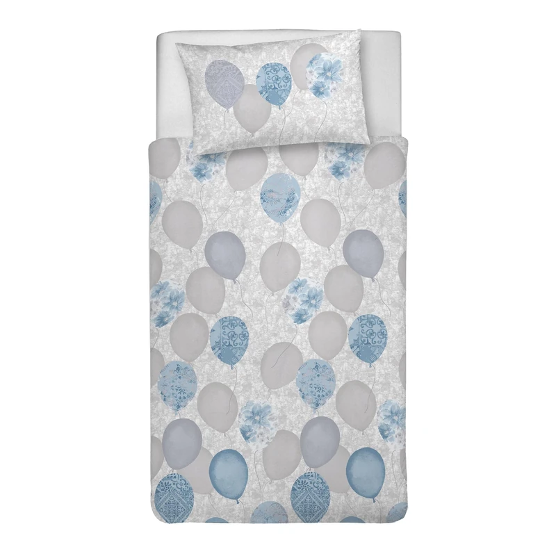 PENSIERI DELICATI Single Duvet Cover Set, 100% Cotton, Complete with 155 x 200 cm Bag and 1 Pillowcase 52 x 82 cm, Made in Italy, Duvet Cover Machine Washable At 40 Degrees, Blue Balloons Design