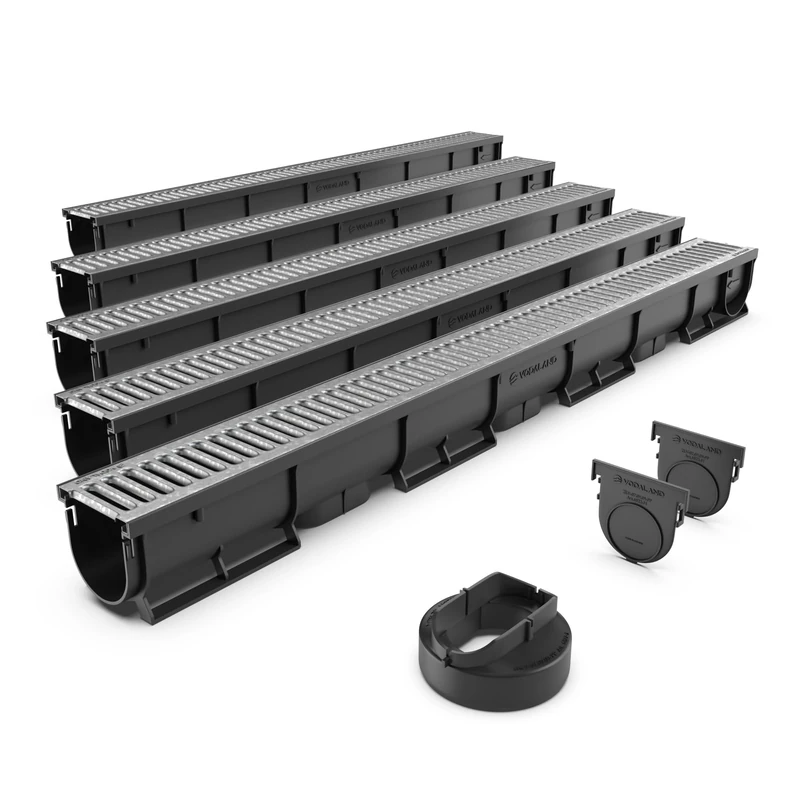 Vodaland EASY 1 Slim Plastic channel drain kit with galvanised steel grating - load class A15 (5 Pack)