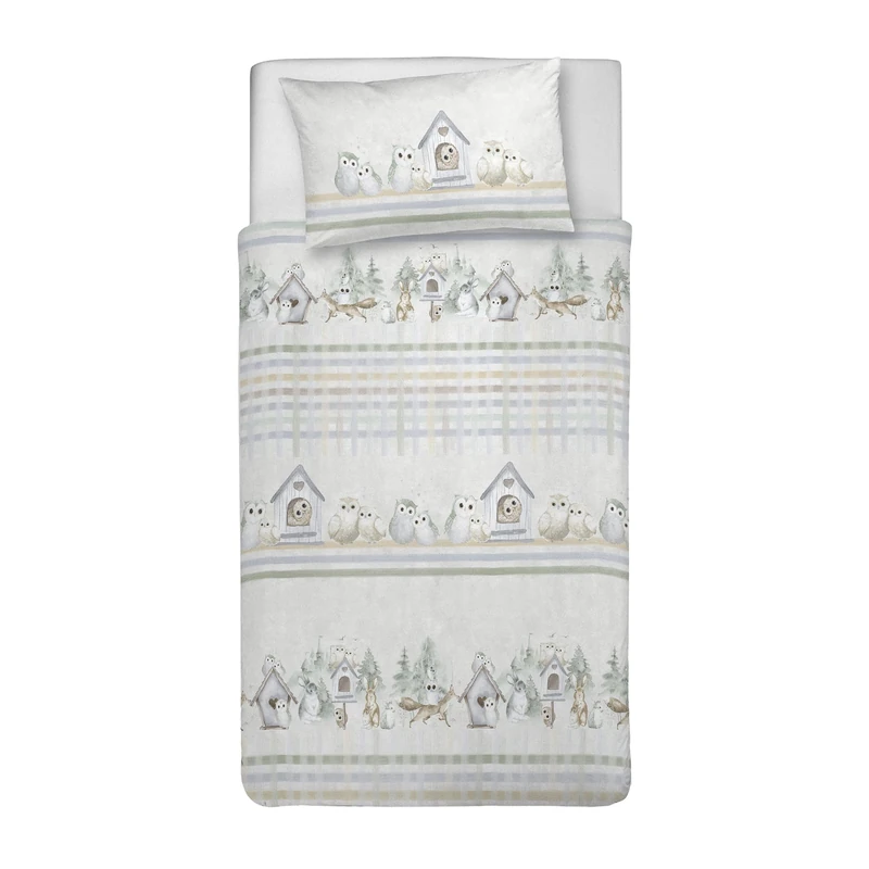 PENSIERI DELICATI 100% Cotton Single Duvet Cover Set, 155 x 200 cm and 1 Pillowcase 52 x 82 cm, Made in Italy, Duvet Cover Machine Washable At 40 Degrees, Green Owls Design - Image 1