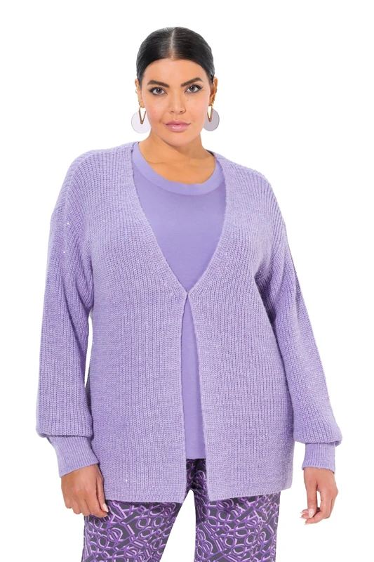Ulla Popken Ladies Sequin Oversized Ribbed V-Neck Cardigan, Lavender, 36/38 UK - Image 1