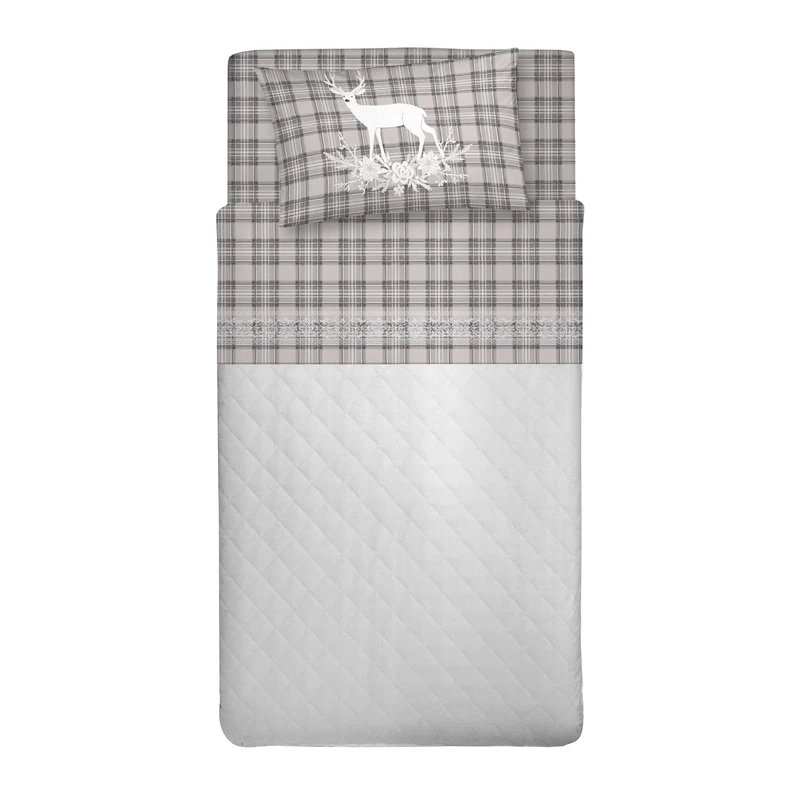 PENSIERI DELICATI Single Bed Set, Flannel, 100% Warm and Soft Cotton, Complete Bedding Set for Single Bed 90 x 200 cm, Includes Bottom Sheet, Top Sheet and 1 Pillowcase, Made in Italy, Tartan Deer