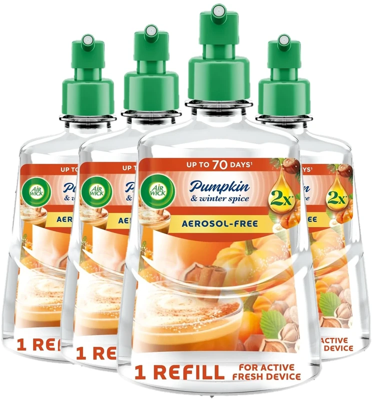 Air Wick Aerosol-Free Automatic Air Freshener Spray Refill, Pumpkin & Winter Spice, Pack 4 x 228ml, 24x7 Active Fresh Odour Neutraliser, Lasts Up to 280 Days, Air freshener For Home