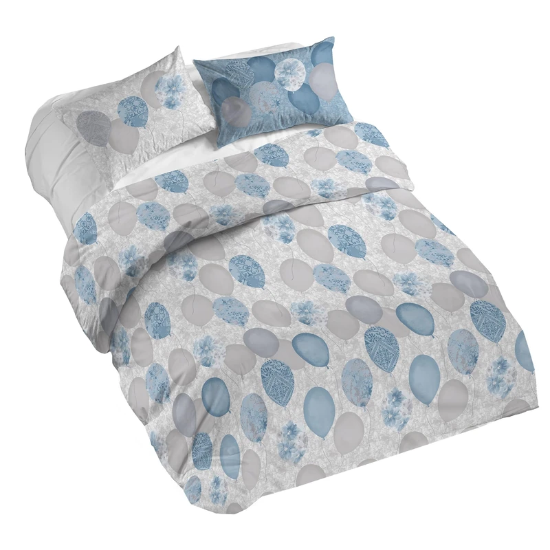 PENSIERI DELICATI 100% Cotton Double Duvet Cover Set, Complete with 250 x 200 cm Bag and 2 Pillowcases 52 x 82 cm, Made in Italy, Duvet Cover Machine Washable At 40 Degrees, Blue Balloons Design