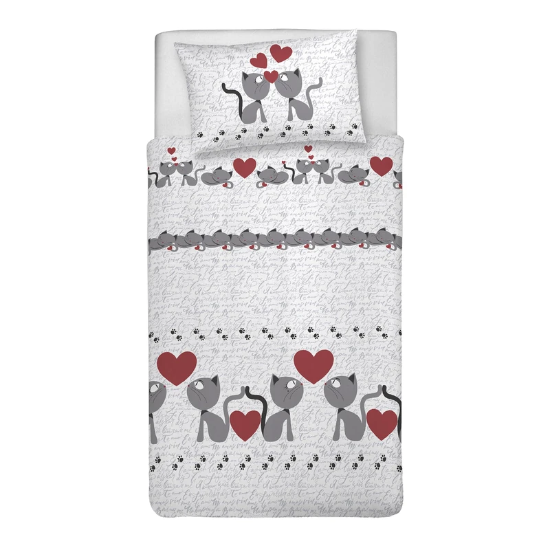 PENSIERI DELICATI Single Duvet Cover Set, 100% Cotton, Complete with 155 x 200 cm Bag and 1 Pillowcase 52 x 82 cm, Made in Italy, Duvet Cover Machine Washable At 40 Degrees, Grey Cats Design