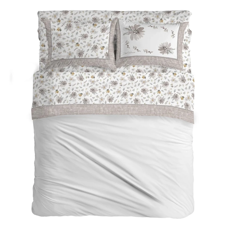 PENSIERI DELICATI 8284 Beige Double Bed Set, 100% Cotton, Warm and Soft, 180 x 200 cm, Includes Bottom Sheet, Top and 2 Pillowcases, Made in Italy, Square 8284 Beige