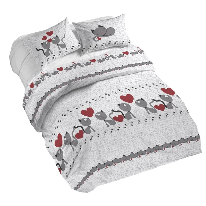 PENSIERI DELICATI 100% Cotton Double Duvet Cover Set, Complete with 250 x 200 cm Sleeping Bag and 2 Pillowcases 52 x 82 cm, Made in Italy, Duvet Cover Machine Washable At 40 Degrees, Grey Cats Design