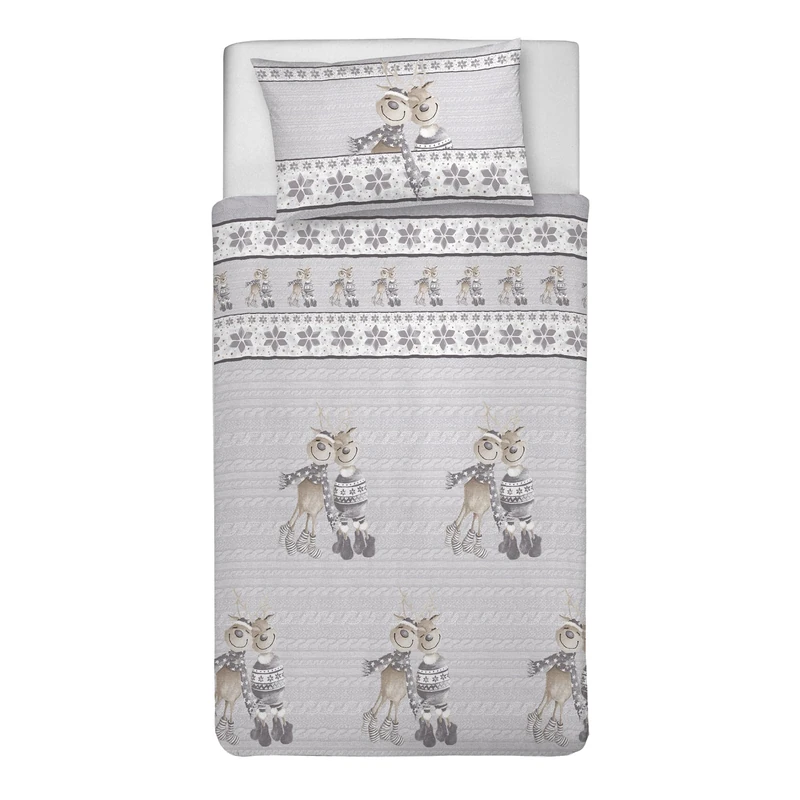 PENSIERI DELICATI 100% Cotton Single Duvet Cover Set, 155 x 200 cm and 1 Pillowcase 52 x 82 cm, Made in Italy, Duvet Cover Machine Washable At 40 Degrees, Grey Reindeer Design