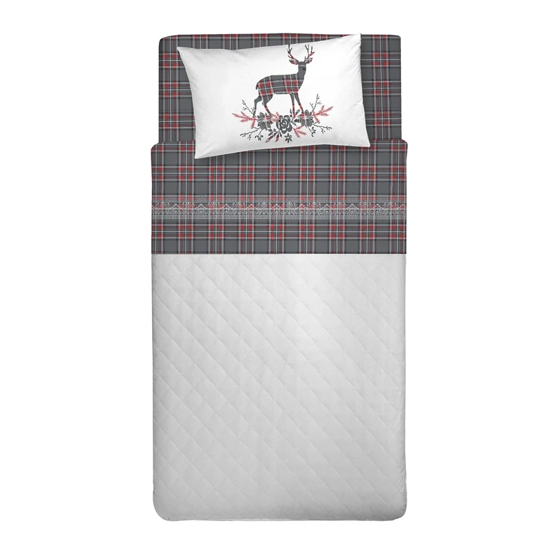PENSIERI DELICATI Single Bed Set, 100% Cotton, Single Bed Sheet Set, 90 x 200 cm, Including Bottom Sheet, Top Sheet and 1 Pillow Case, Made in Italy, Anthracite Deer Tartan