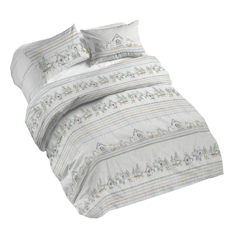 PENSIERI DELICATI 100% Cotton Double Duvet Cover Set, Complete with 250 x 200 cm Bag and 2 Pillowcases 52 x 82 cm, Made in Italy, Duvet Cover Machine Washable At 40 Degrees, Green Owls Design - Image 1