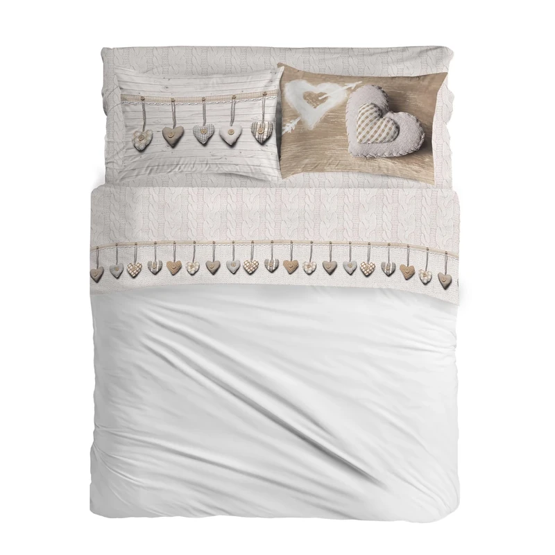 PENSIERI DELICATI Double Bed Set, Flannel, 100% Warm and Soft Cotton, Double 180 x 200 cm, Includes Bottom Sheet, Top and 2 Pillowcases, Made in Italy, Hanging Heart Beige