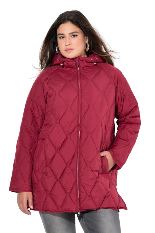 Ulla Popken HYPRAR Women's Plus Size Plus Size Long Quilted Jacket, Water-Repellent, 2-Way Zip, Rubin, 42-44
