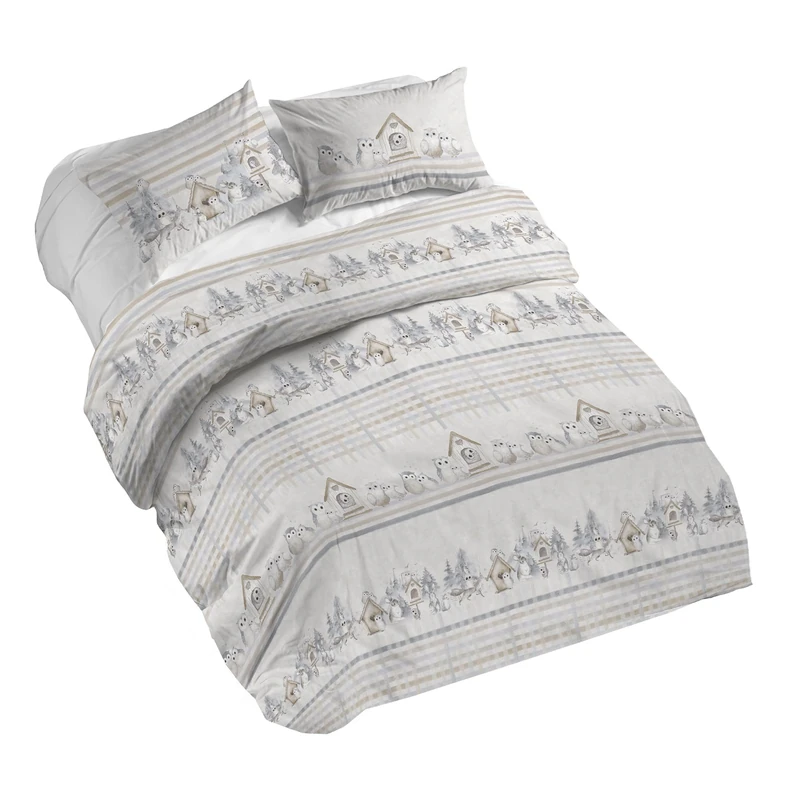 PENSIERI DELICATI 100% Cotton Double Duvet Cover Set, Complete with 250 x 200 cm Sleeping Bag and 2 Pillowcases 52 x 82 cm, Made in Italy, Duvet Cover Machine Washable At 40 Degrees, Beige Owls Design