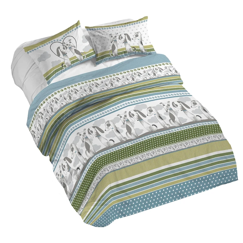 PENSIERI DELICATI 100% Cotton Double Duvet Cover Set, Complete with 250 x 200 cm Sleeping Bag and 2 Pillowcases 52 x 82 cm, Made in Italy, Duvet Cover Machine Washable At 40 Degrees, Baubau Green