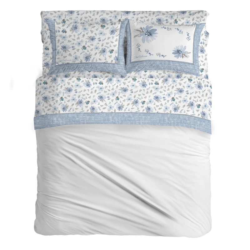 PENSIERI DELICATI Double Bed Set, Flannel, 100% Warm and Soft Cotton, Double 180 x 200 cm, Includes Bottom Sheet, Top and 2 Pillowcases, Made in Italy, 8284 Square Light Blue