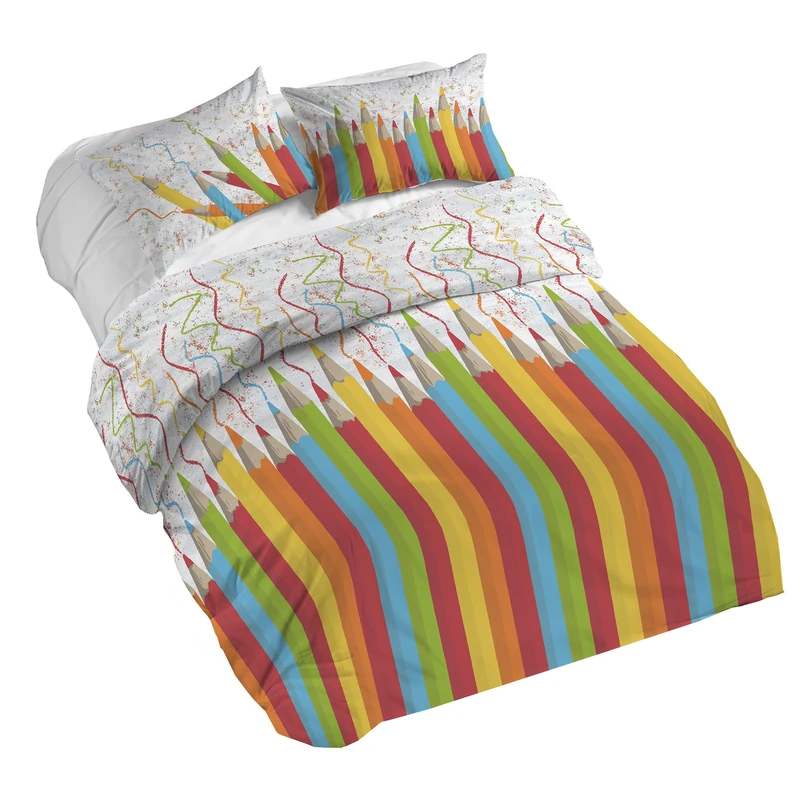 PENSIERI DELICATI Double Duvet Cover Set, 100% Cotton, Complete with 250 x 200 cm Bag and 2 Pillowcases 52 x 82 cm, Made in Italy, Duvet Cover Machine Washable At 40 Degrees, Multicolour Pencil - Image 1