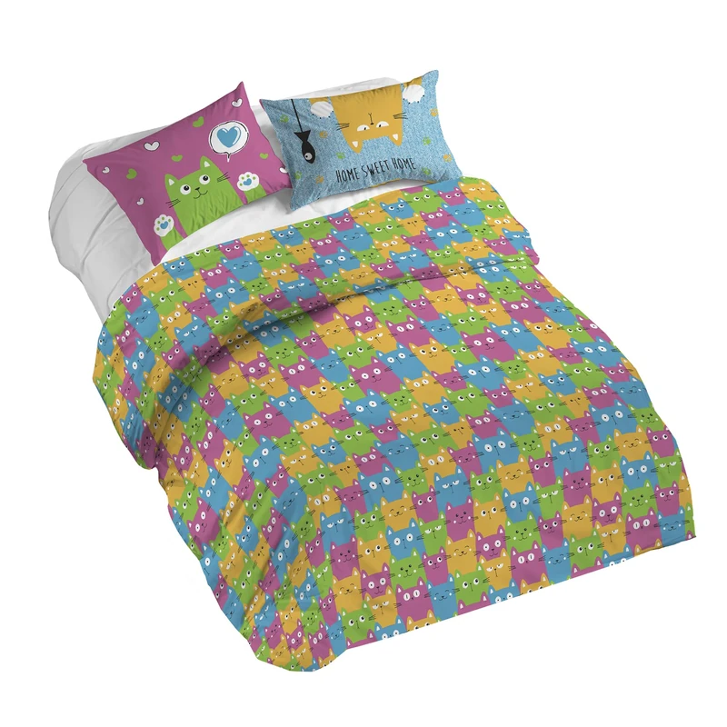 PENSIERI DELICATI Duvet Cover, Cotton, Happycat Multicolor X2, Queen-Size Bed