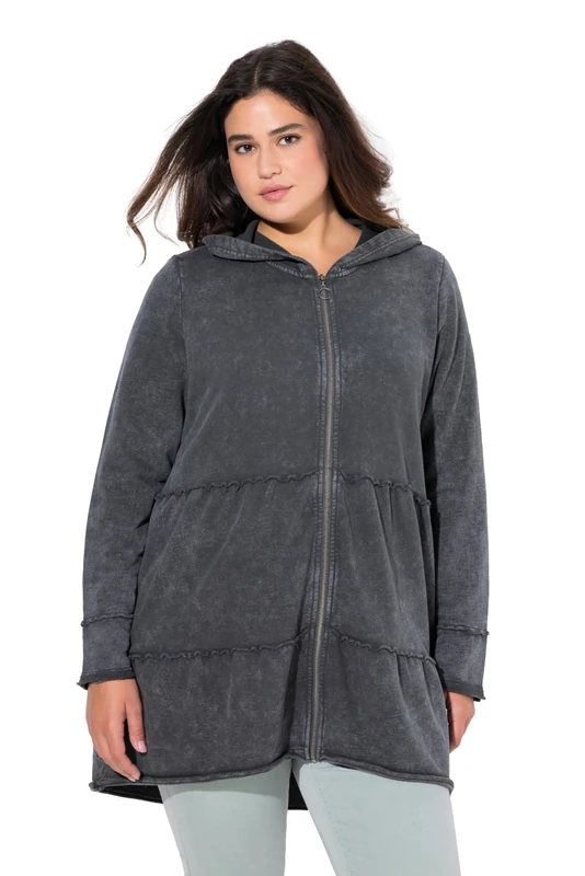 Ulla Popken Womenswear Plus Size Curvy Tiered Flounce Panel Zip Up Hoodie Graphite Grey 54+ 834612100-54+