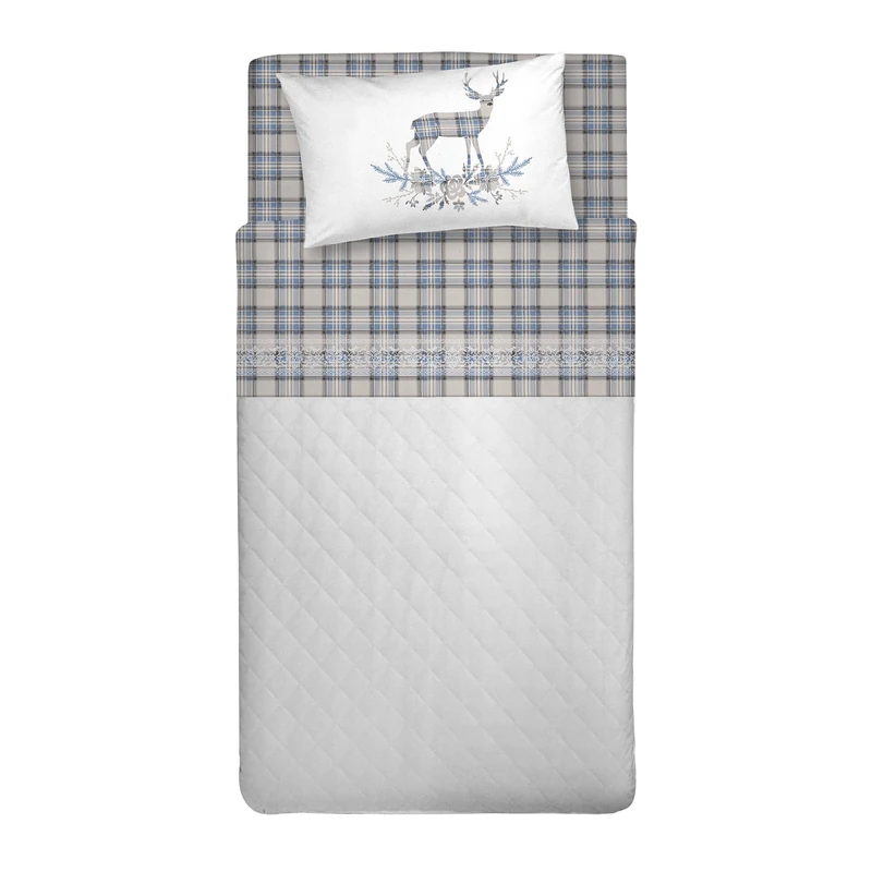 PENSIERI DELICATI 100% Cotton Warm and Soft Flannelette Bedding Set 120 x 200 cm, Includes Bottom Sheet, Top Sheet and 1 Pillowcase, Made in Italy, Blue Deer Tartan