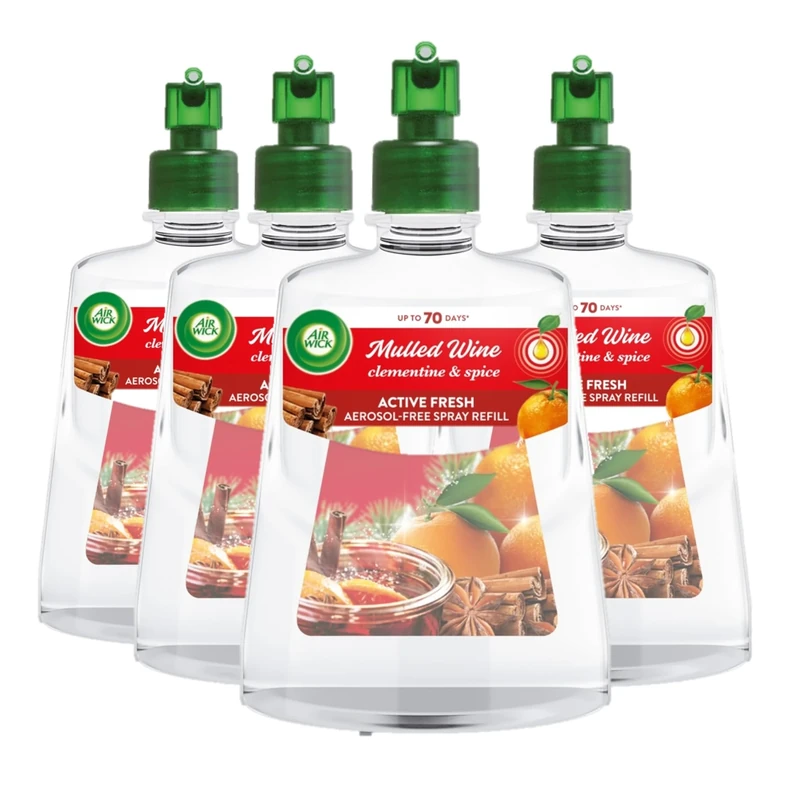 Air Wick Aerosol-Free Automatic Air Freshener Spray Refill, Mulled Wine, Pack 4 x 228ml, 24x7 Active Fresh Odour Neutraliser, Lasts Up to 280 Days, Air freshener For Home