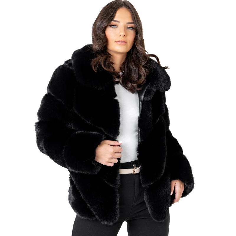 Lovedrobe Women's Faux Fur Coat Ladies Jacket Long Sleeve Collared Faux Leather Side Pockets Autumn Winter Outerwear, Black 16