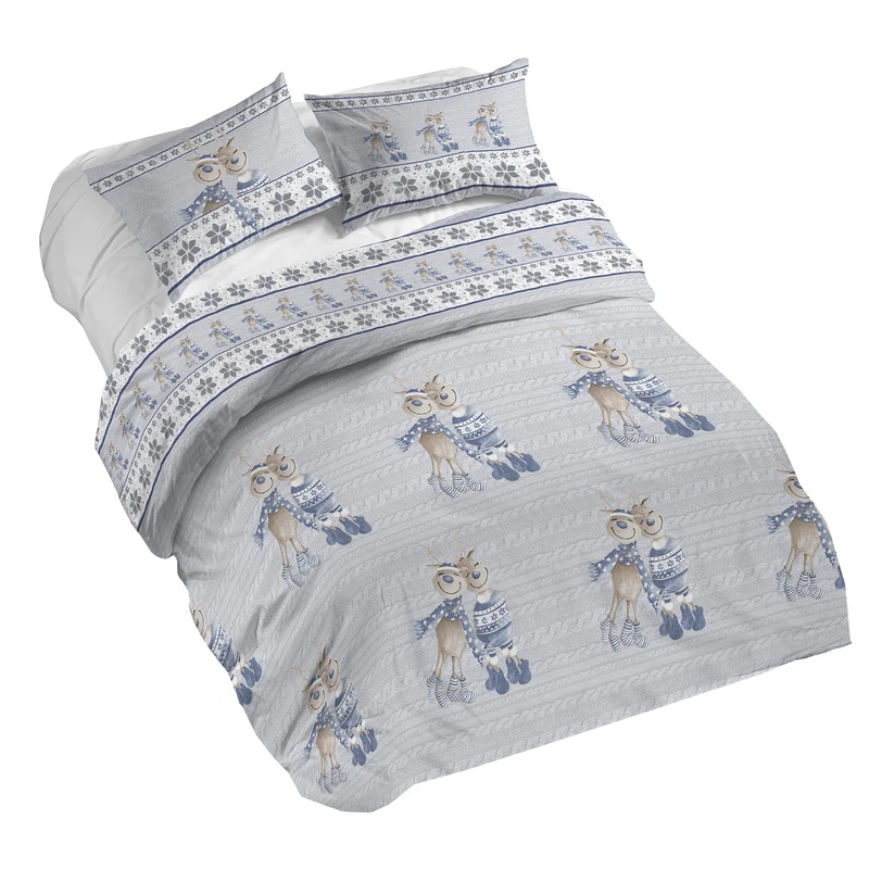 PENSIERI DELICATI 100% Cotton Double Duvet Cover Set, Complete with 250 x 200 cm Bag and 2 Pillowcases 52 x 82 cm, Made in Italy, Duvet Cover Machine Washable At 40 Degrees, Blue Reindeer Design