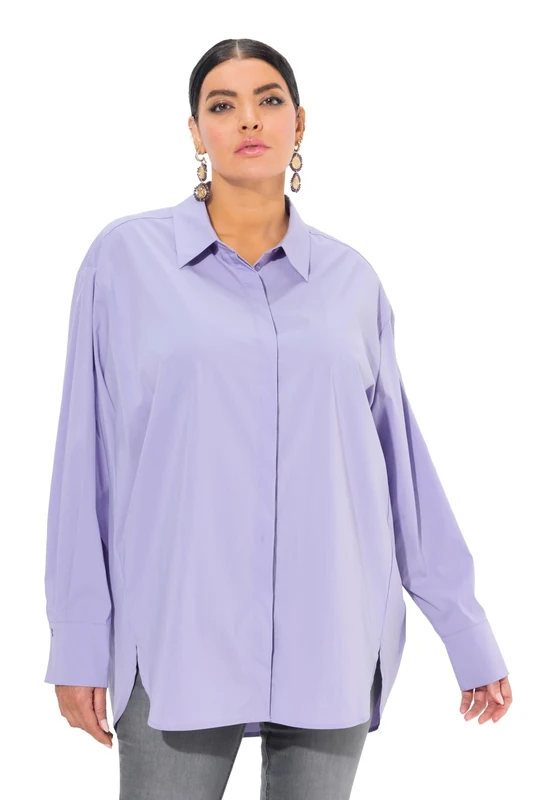 Ulla Popken Women's Mother of Pearl Buttons Oversized Shirt Collar Long Sleeve Blouse, Lavender, 36/38 UK