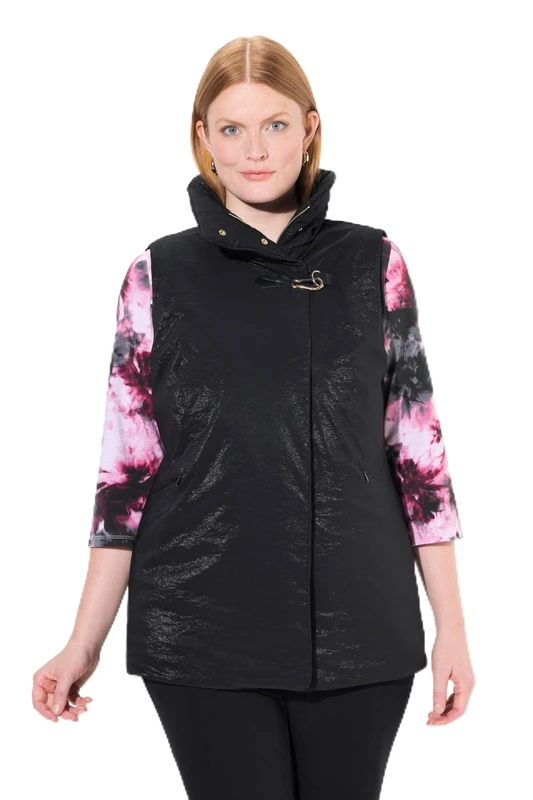 Ulla Popken Womenswear Plus Size Curvy Fully lined stand-up collar vest with decorative fastener black 50+ 834756100-50+