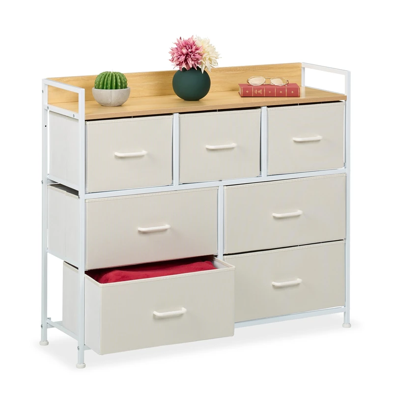 Relaxdays Chest of Drawers, HWD: 85 x 100 x 30.5 cm, 7 Fabric Drawers, Modern Storage for Hallway, Bedroom, White - Image 1