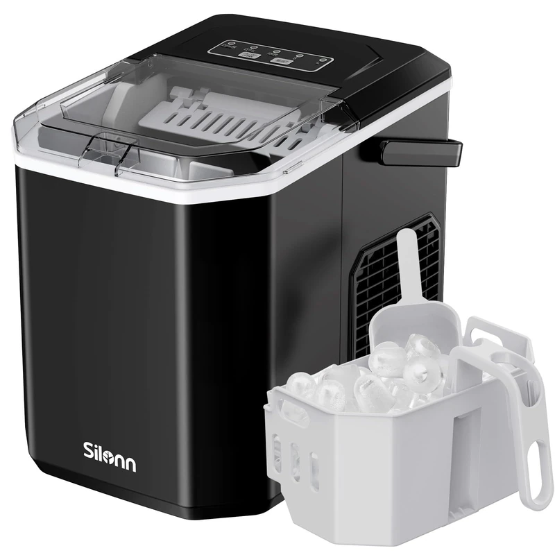 Silonn Portable Ice Maker Countertop, Self-Cleaning Ice Machine Produces 9 Ice Cubes in 6 Minutes, 12KG Daily Capacity, Ideal for Home Camping and RVs