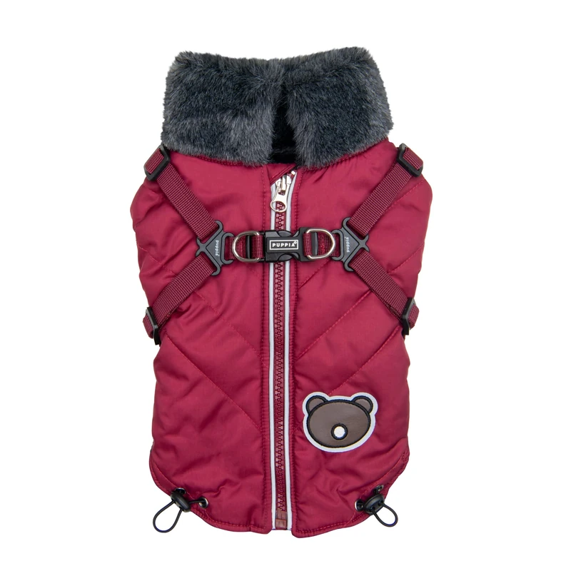Puppia Isolde Mock Neck Full Zip up Warm Winter Jumper Vest with Integrated Harness for Small and Medium Dogs, Wine, Small