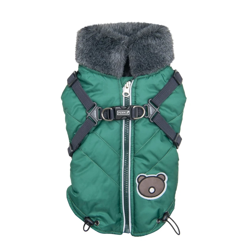 Puppia Isolde Mock Neck Full Zip up Warm Winter Jumper Vest with Integrated Harness for Small and Medium Dogs, Green, XX-Large
