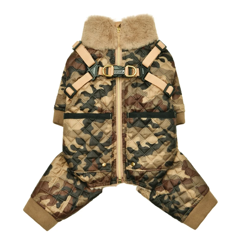 Puppia Bylur Mock Neck Full Zip up Warm Winter Jumpsuit with Integrated Harness for Small and Medium Dogs, Beige, Small