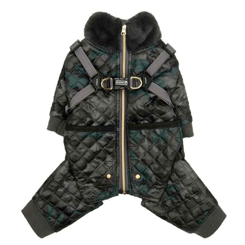 Puppia Bylur Mock Neck Full Zip up Warm Winter Jumpsuit with Integrated Harness for Small and Medium Dogs, Black, Small