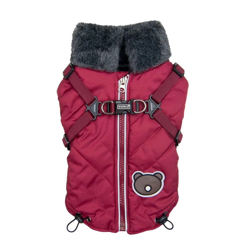 Puppia Isolde Mock Neck Full Zip up Warm Winter Jumper Vest with Integrated Harness for Small and Medium Dogs, Wine, Medium