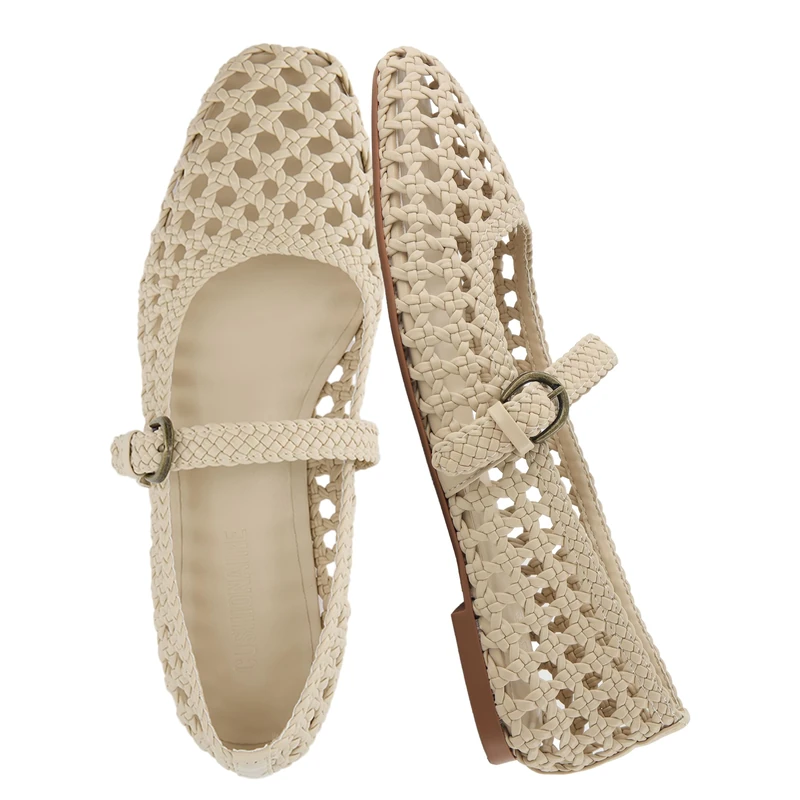 CUSHIONAIRE Women's Weston Woven Mary Jane Flat +Memory Foam, Wide Widths Available, Wheat Woven, 6 UK