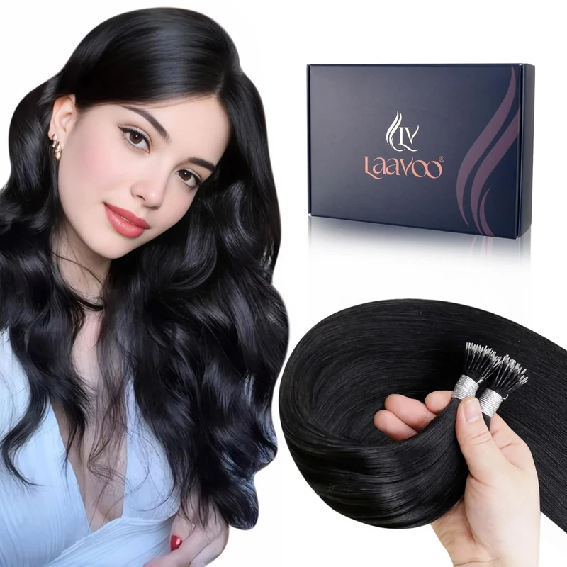 LaaVoo Nano Hair Extensions Real Human Hair 100g Full Head Nano Beads Hair Extensions Natural Black Invisible Nano Ring Straight Remy Hair 100s 14 Inch #1