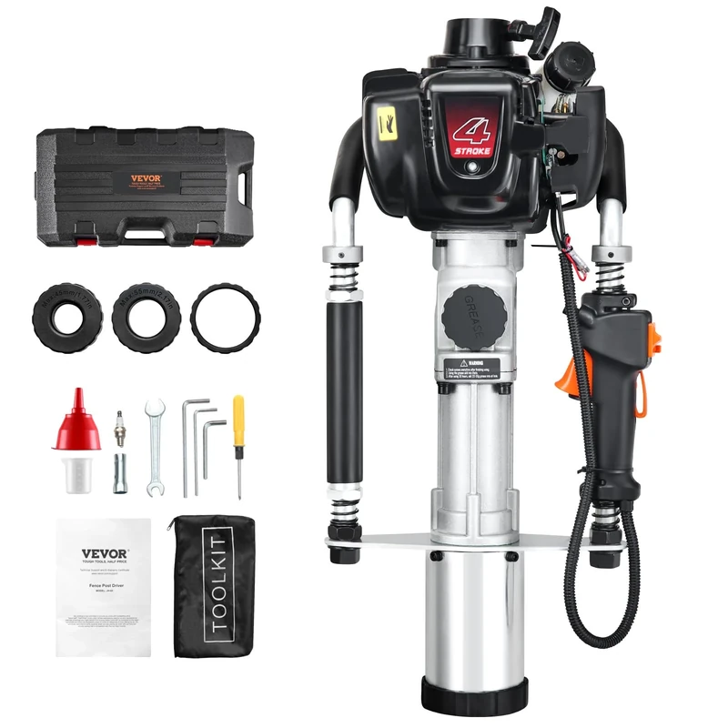 VEVOR 37.77cc Gas-Powered T Post Driver, 4-Stroke Engine Gasoline Fence Piling Pounder, with 3 Post Driving Head(45/55/88 mm), 1000W Portable Piledriver for Farm, Ranch Fencing, Road Improvements