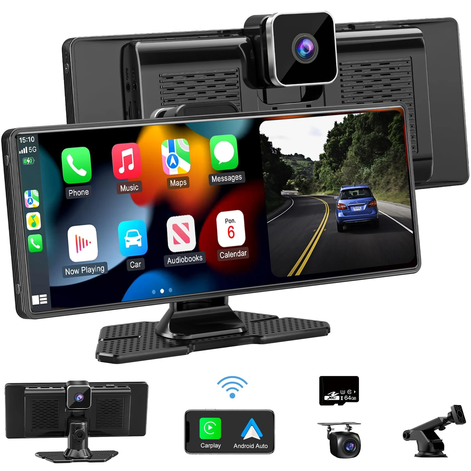 Wireless Car Stereo for Apple Car Play Android Auto with 4K Dash Cam Front, 10.26" Touch Screen CarPlay Radio, Loop Recording,1080P Rear Camera, Mirror Link,GPS Navigation,Bluetooth,64G TF,Siri/FM