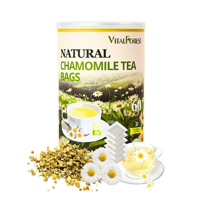 60 Chamomile Tea Bags, VitalForest Natural Pure Chamomile Flowers Tea, Caffeine Free Herbal Tea, Non-GMO