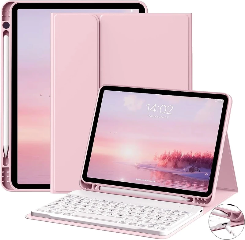 JKSML Keyboard Case for iPad Air 11 inch M3/M2 (2025/2024) & iPad Air 5th/4th Gen (2022/2020) 10.9-inch | Detachable Wireless Bluetooth Keyboard Cover with Pencil Holder | Auto Sleep/Wake (Pink)