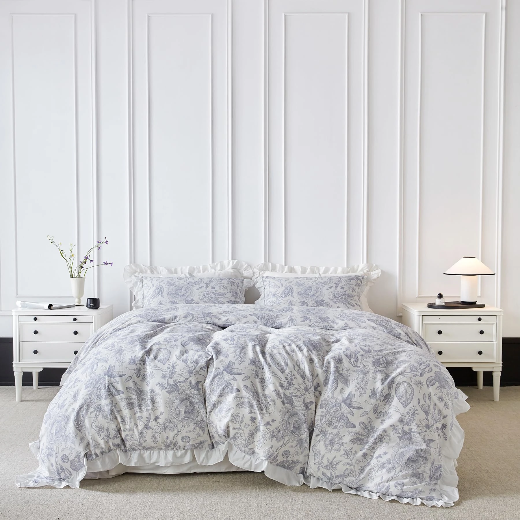 SUSYBAO Blue White Floral Duvet Cover King 100% Cotton 3 Pcs Set 1 Decorative Farmhouse Ruffle Duvet Cover with Zipper Ties 2 Pillow Shams Vintage Blue Blossom Flower Bedding Set Soft