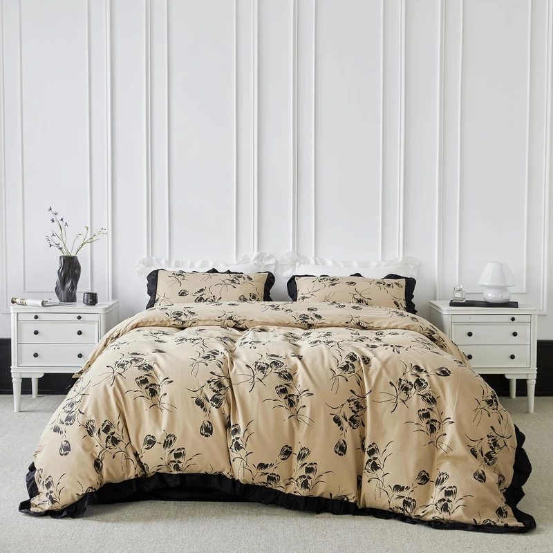 SUSYBAO Khaki Flower Duvet Cover King 100% Cotton 3 Pcs Set 1 Decorative Black Ruffle Duvet Cover with Zipper Ties 2 Pillow Shams Garden Black Floral Bedding Set Soft