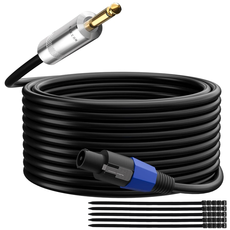 Elecan Premium Speakon to 6.35MM 1/4 Inch TS Male Speaker Cable 100 Ft, 12AWG Heavy-Duty High Power Amp Audio Connection Cord DJ/PA Amplifier Speaker Cable Wire with Twist Lock，9.5mm OD, Black +Ties