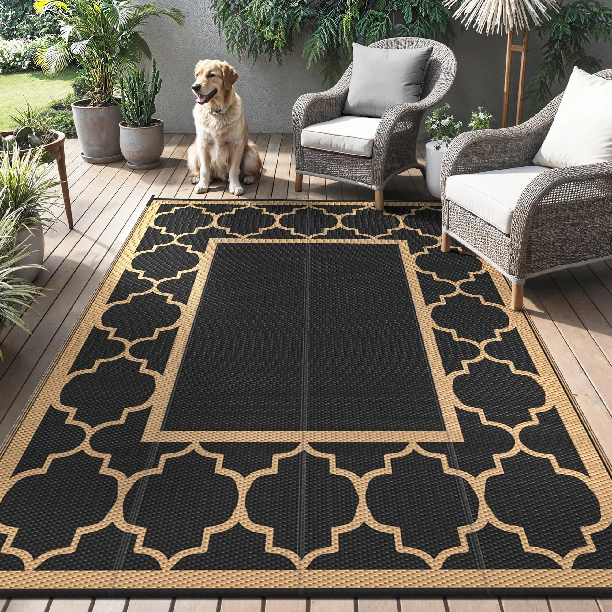 GENIMO Outdoor Rug 150x240cm,Garden Rugs Waterproof Reversible Plastic Carpet, Washable Large Outdoor Rug for RV, Patio, Camping, Picnic, Deck, Camper, Black & Brown