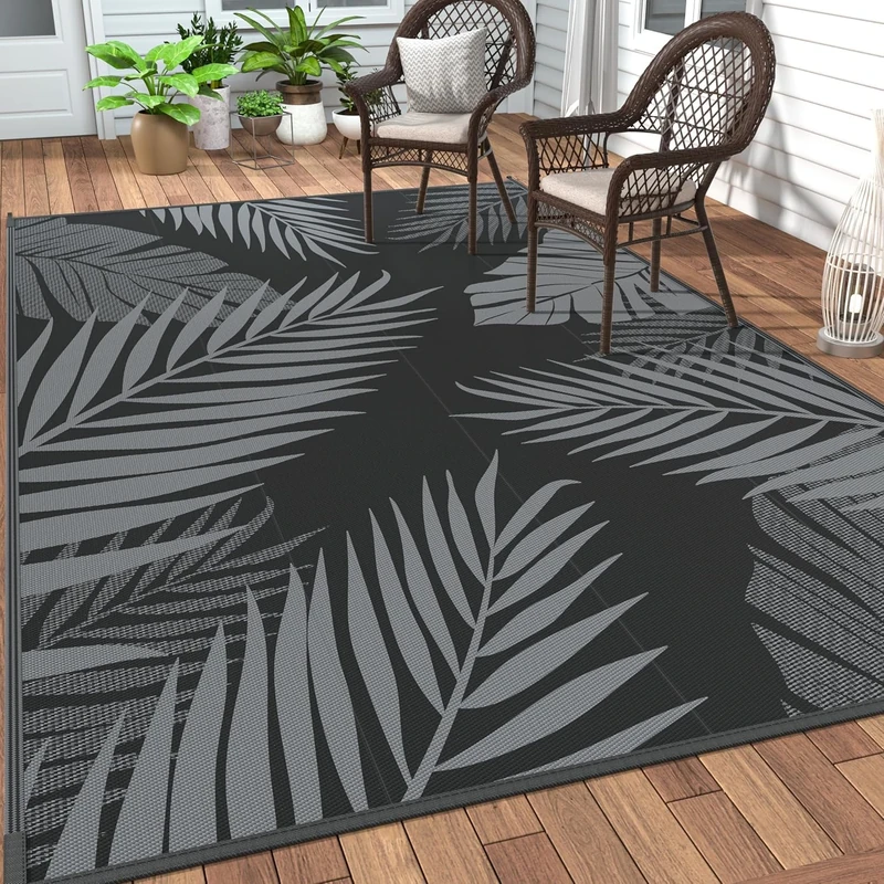GENIMO Outdoor Rug 275x365cm – Extra Large Waterproof Reversible Garden Carpet, Large UV Resistant & Washable Patio Mat for Garden, Balcony, RV, Picnic, Backyard – Black & Grey