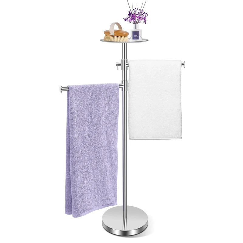 Alyvisun Bathroom Free Standing Towel Rail, Weighted-base Towel Rack with Tray and 2 Extendable Arms [Height Adjustable & 360° Rotatable], Stainless Steel Floor Standing Towel Drying Rack