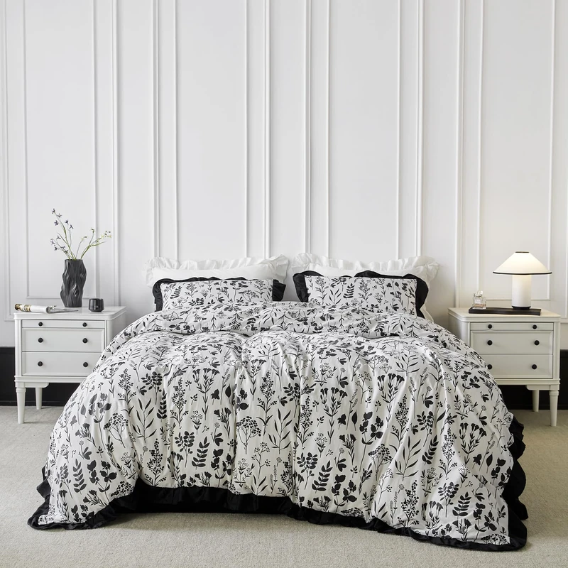 SUSYBAO Botanical Ruffle Duvet Cover King 100% Cotton 3 Pcs Set 1 Farmhouse Black Floral Duvet Cover with Zipper Ties 2 Pillow Shams Aesthetic Black White Flower Bedding Set Soft