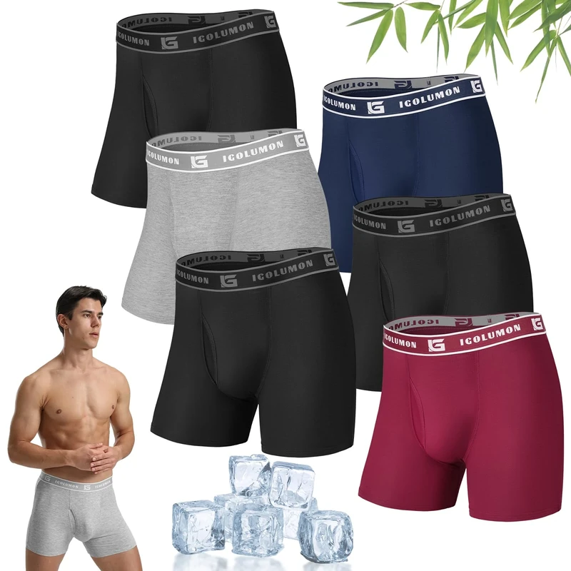 Mens Boxers Shorts Multipack Bamboo Boxers 6 Pack Breathable Underwear Trunks Longer Leg Boxer Shorts - No Itchy Labels - Moisture Wicking - Elastic Waist, Comfortable Boxer Briefs with Open Fly