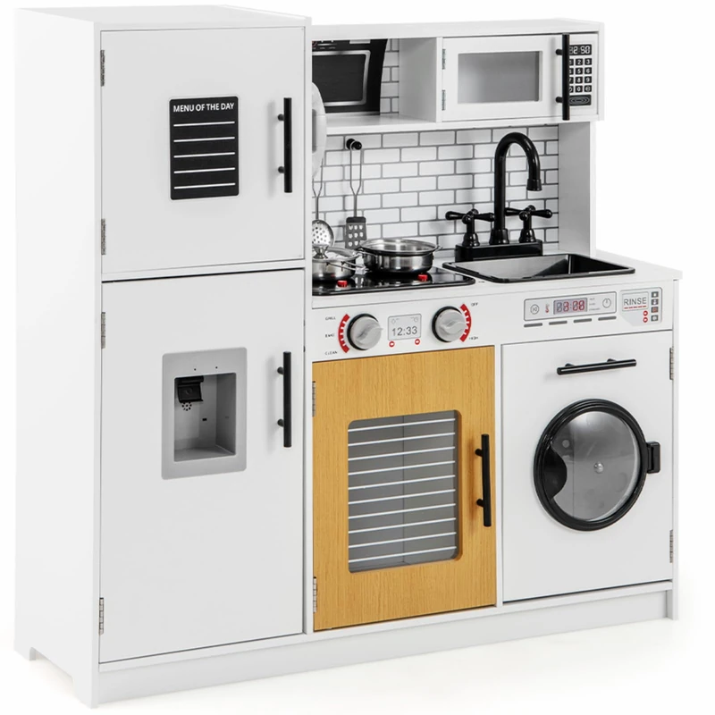 GYMAX Kids Play Kitchen, Wooden Toy Kitchen with Microwave, Water Dispenser, Washing Machine, Oven, Stove, Sounds, Lights, Telephone&Accessories, Children Cooking Role Playset for 3+ Years Old (White)